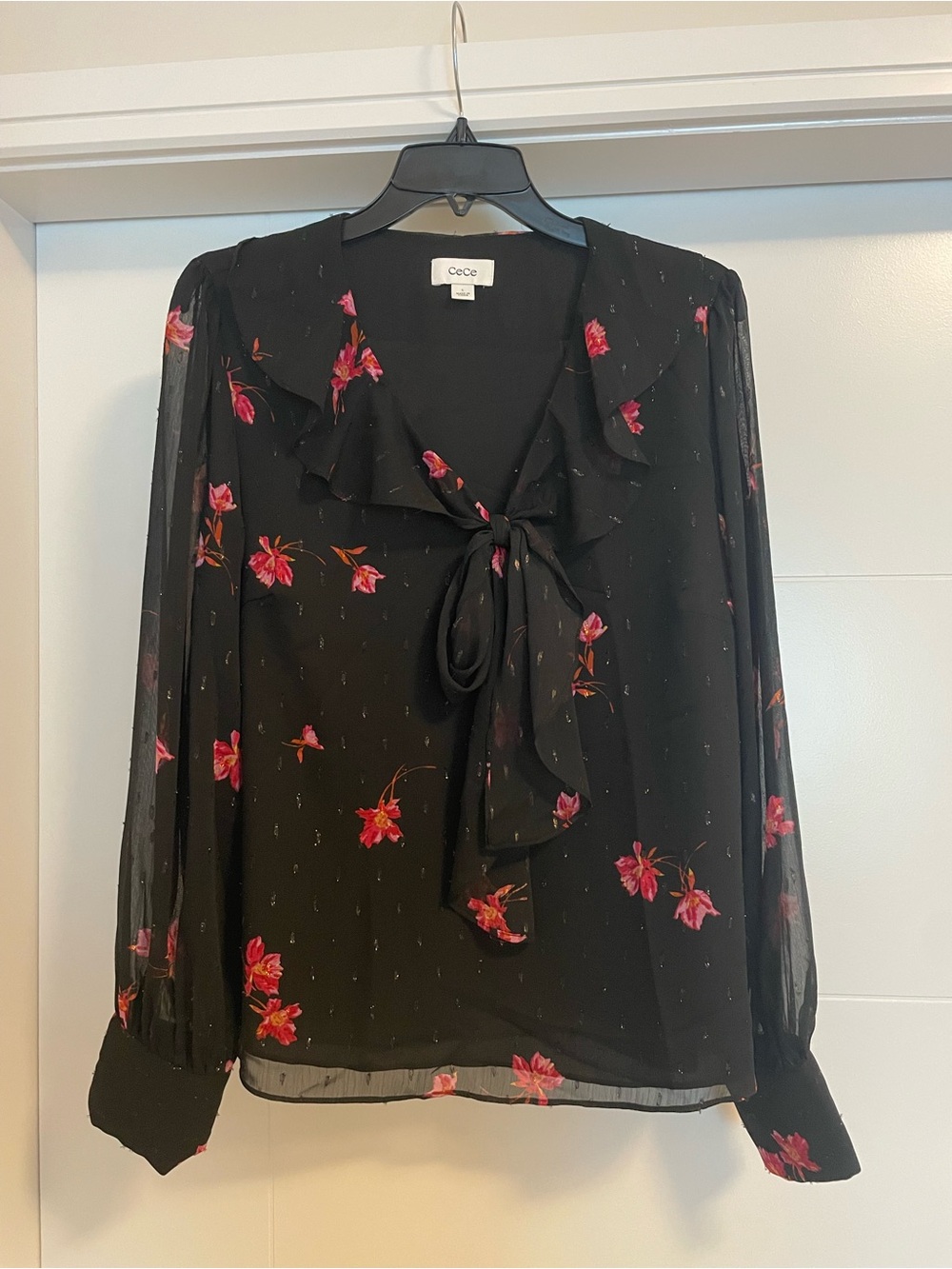 CeCe Black Floral Tie-Neck Blouse with Pink Accents